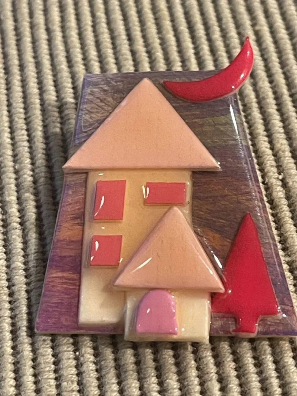 Vtg Lucinda House Brooch Pin With Red Moon Tree & Whimsical Home Design - Unique